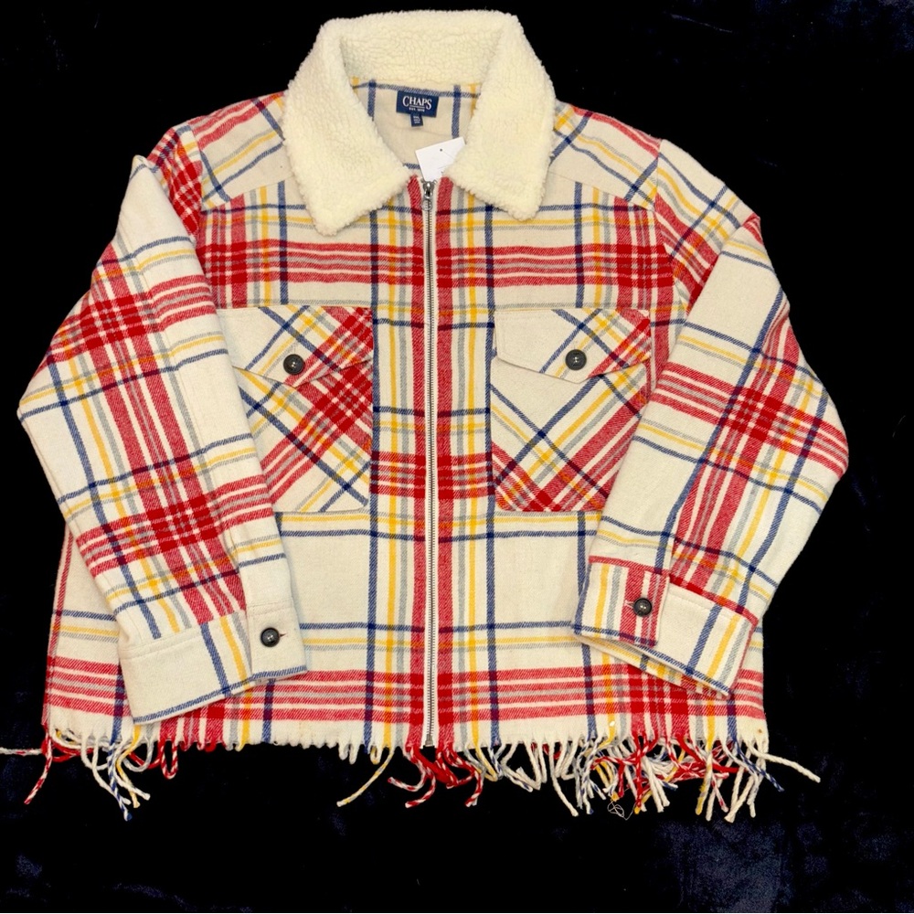 Chaps Plaid Sherpa Collar Shacket Description - Picture 2 of 8